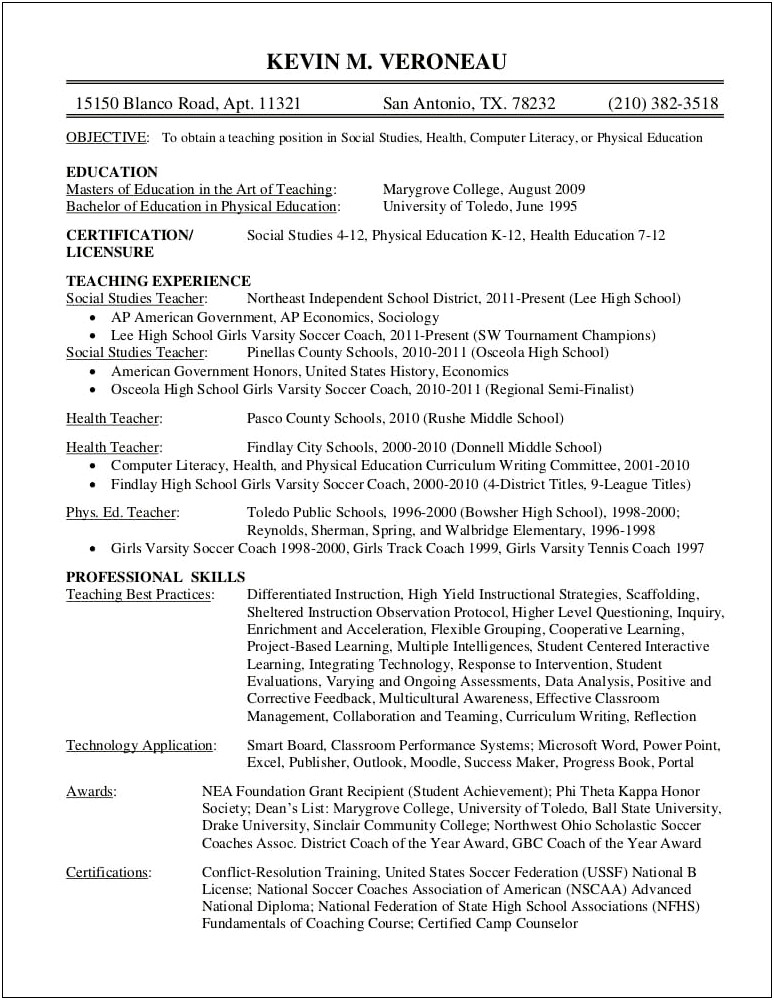 Sample Resume For High School Coaching Position