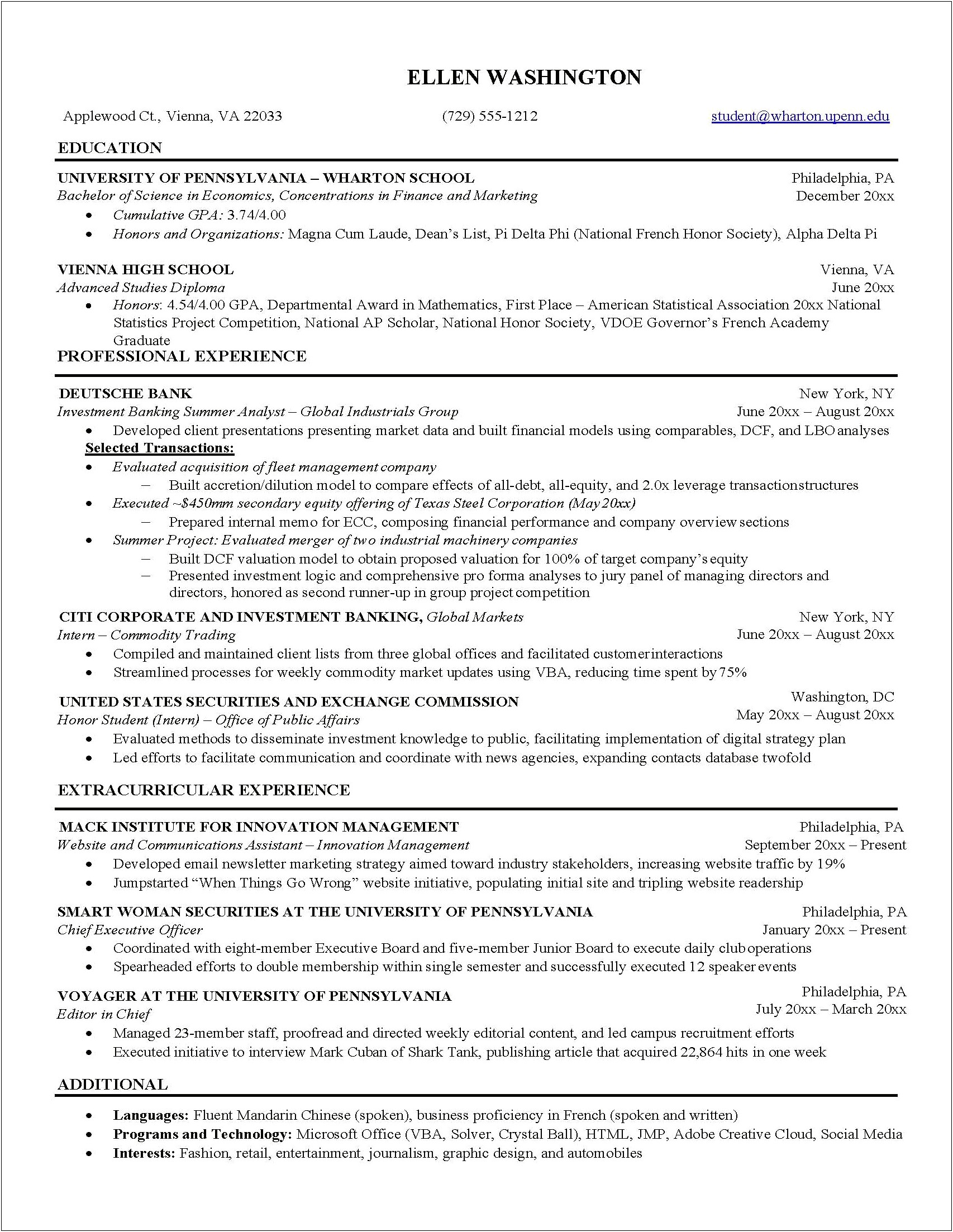 Sample Resume For High School Internship