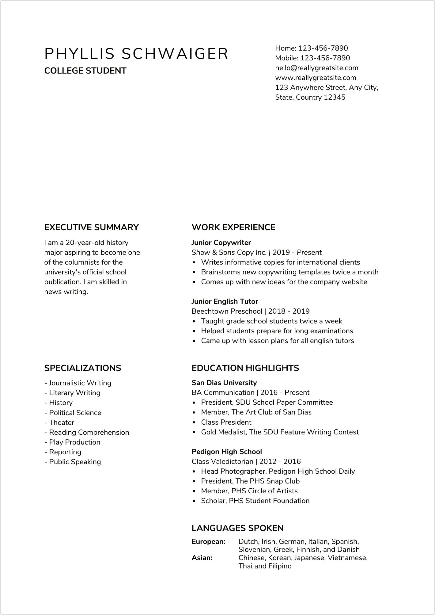 Sample Resume For Highschool Students Entering College