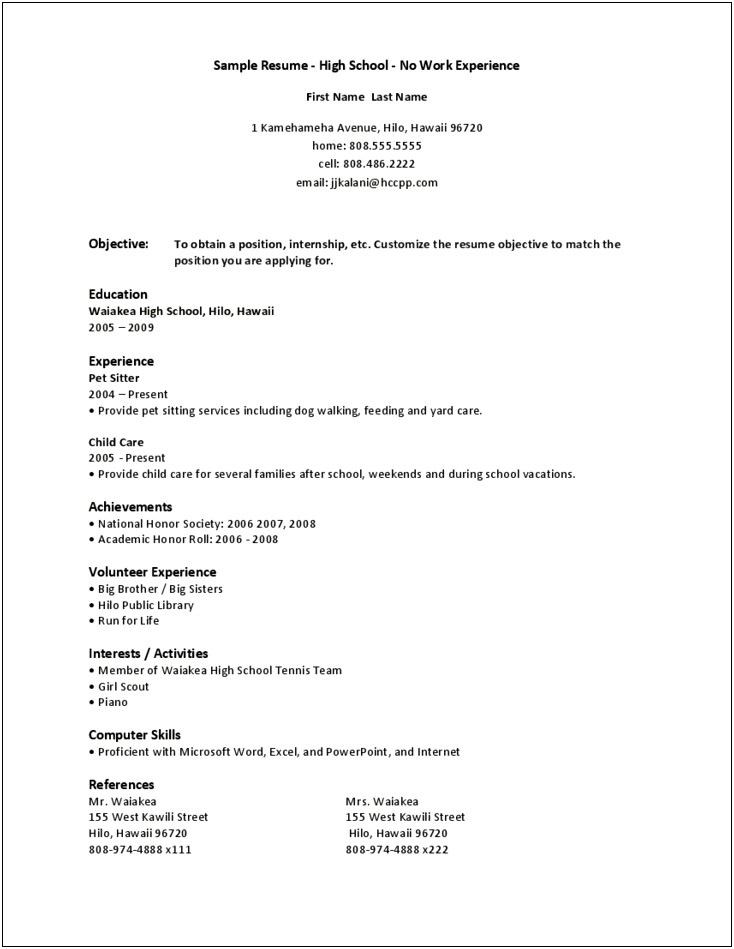Sample Resume For Highschool Students With Volunteer Experience