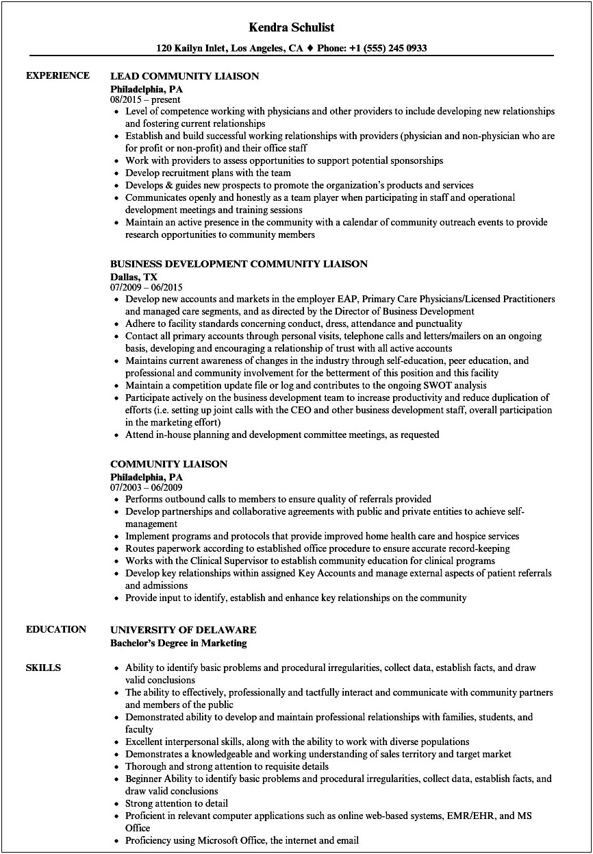 Sample Resume For Hospital Liaison Position