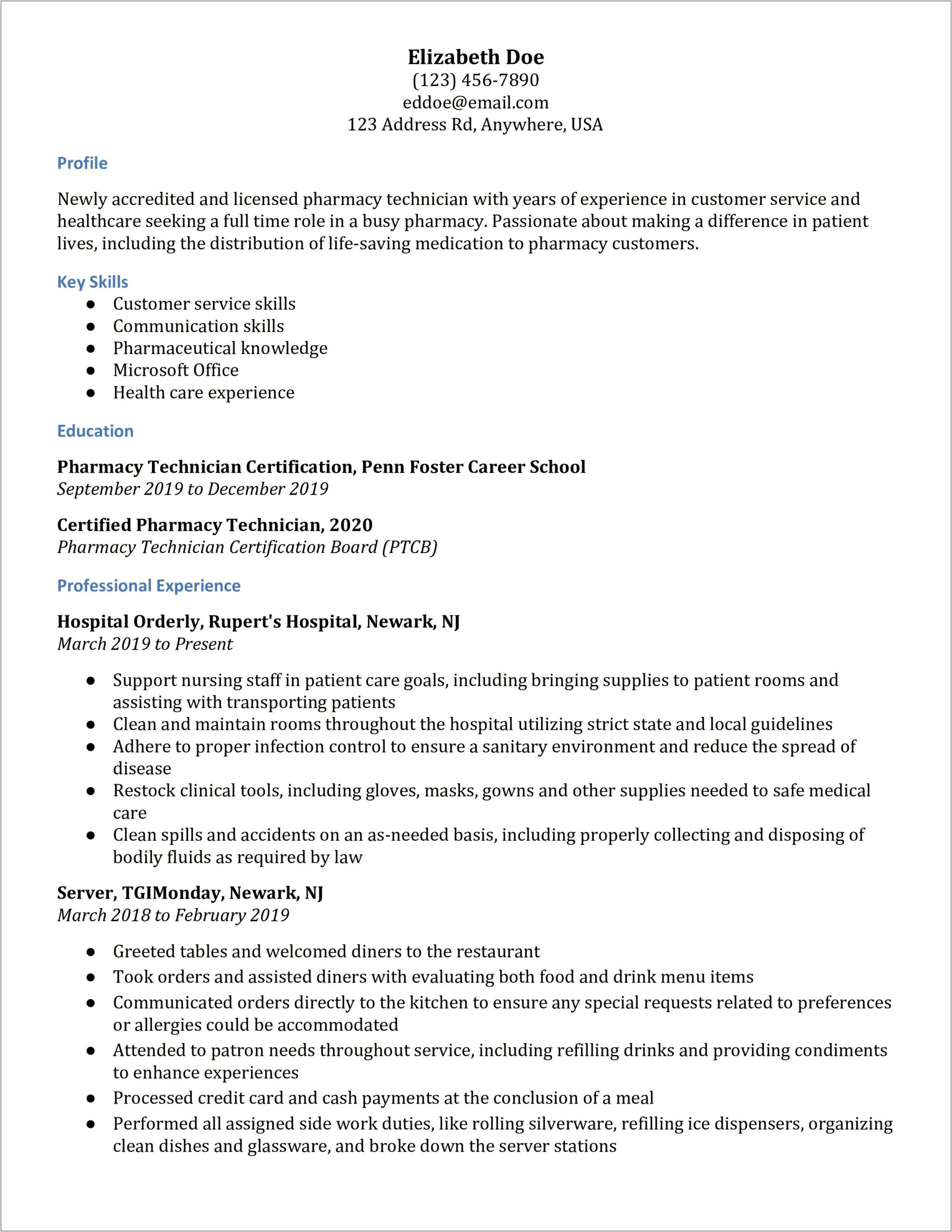 Sample Resume For Hospital Pharmacy Technician