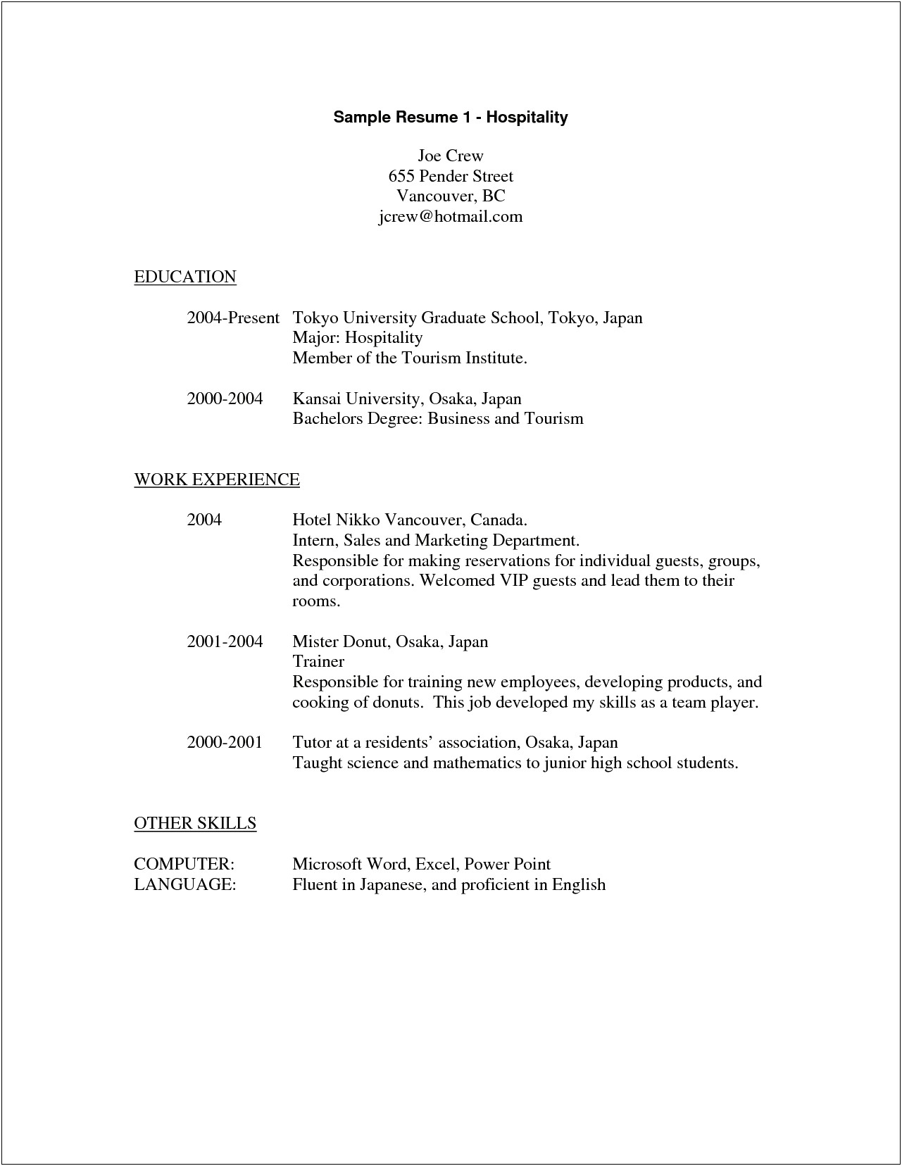 Sample Resume For Hotel And Restaurant Management Graduate