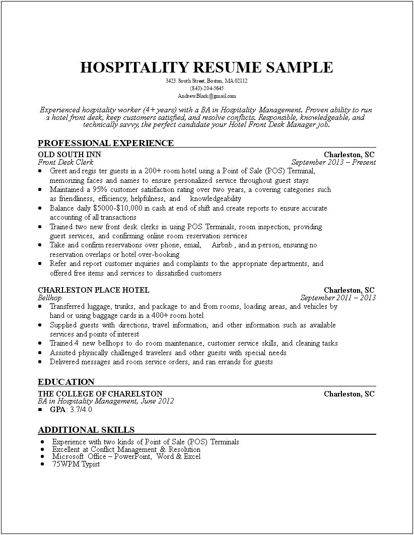 Sample Resume For Hotel Front Desk Manager