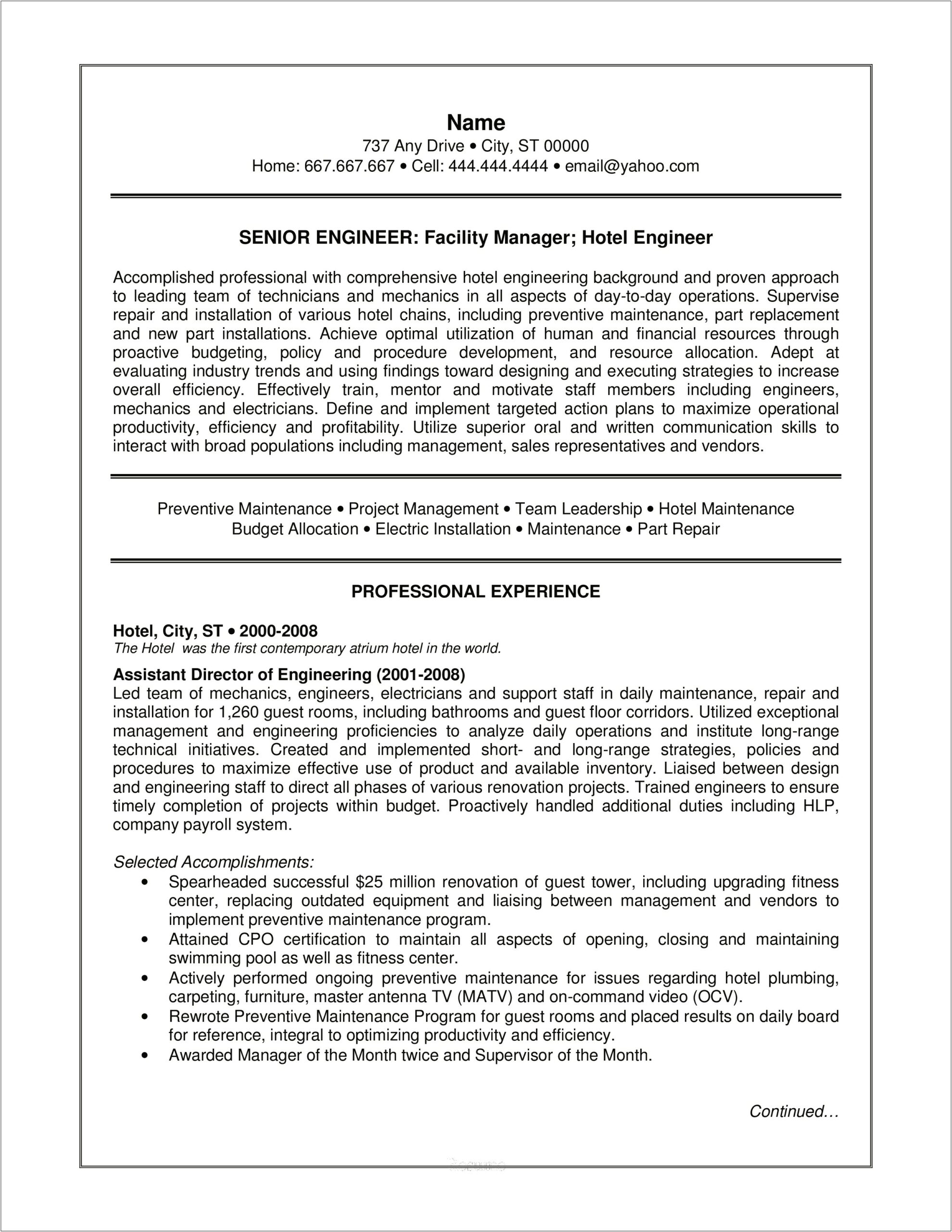 Sample Resume For Hotel Maintenance Engineer
