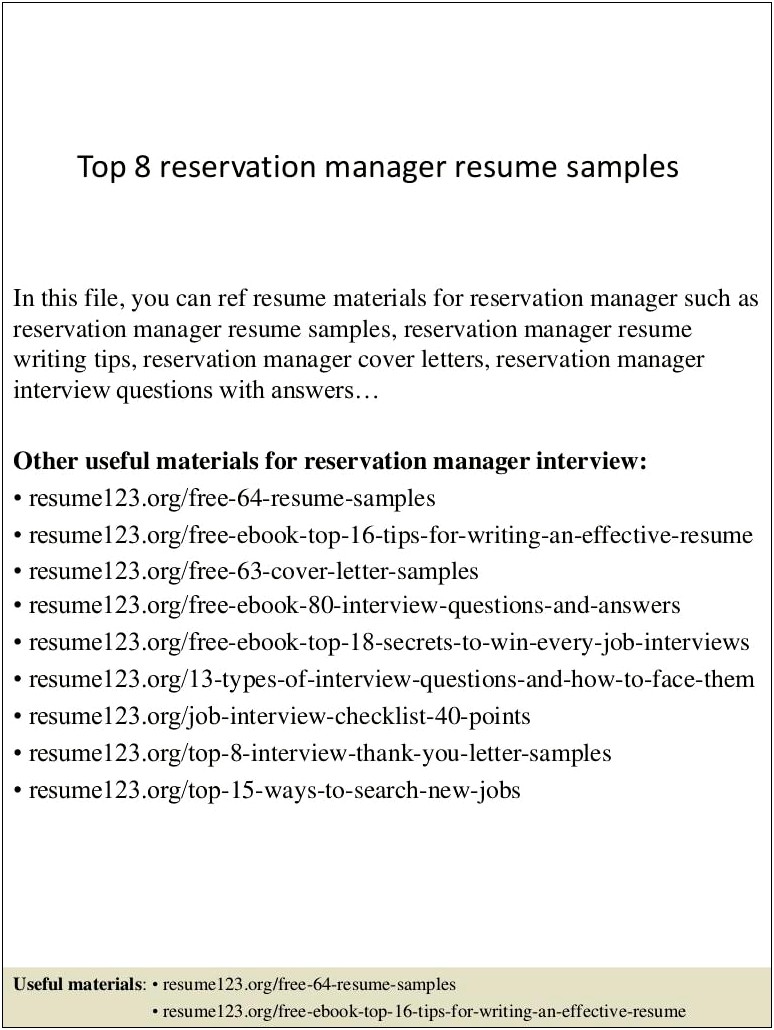 Sample Resume For Hotel Reservation Manager