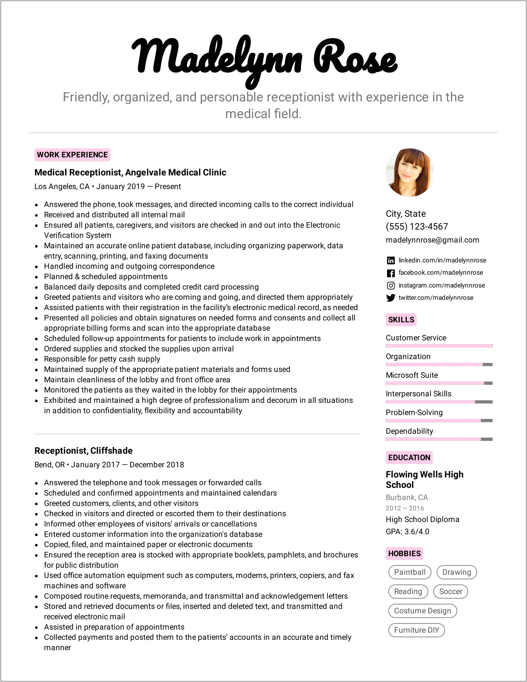 Sample Resume For Housekeeper Office Receptionist And Painting