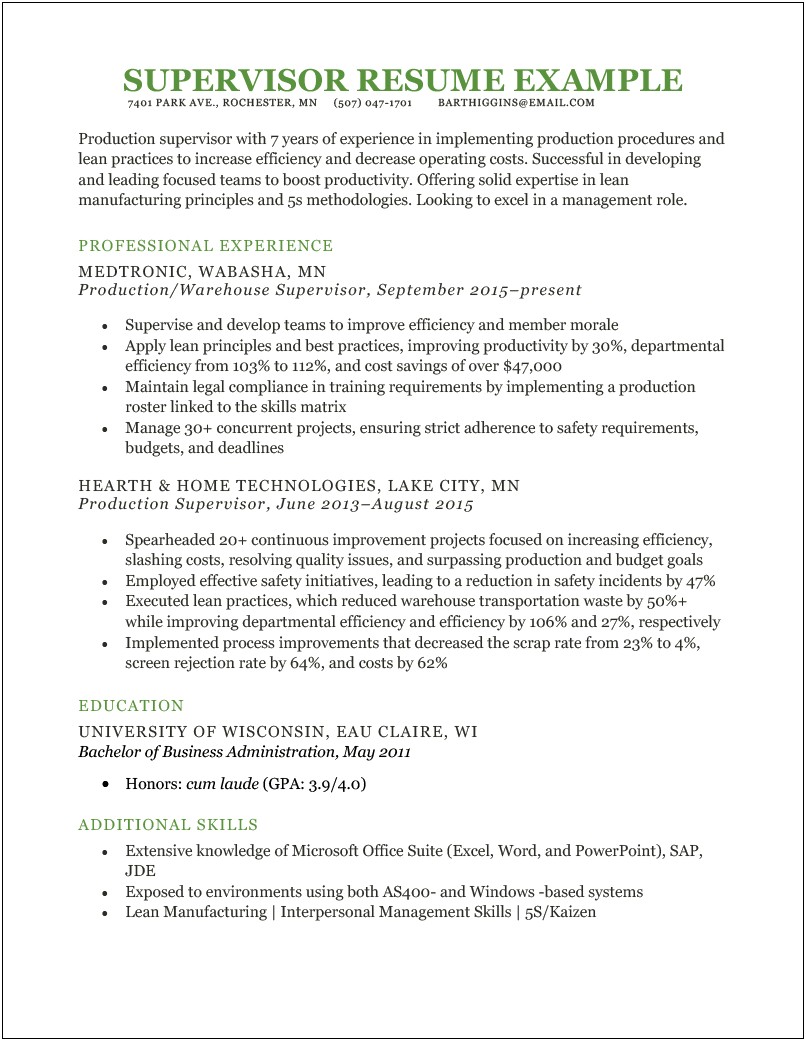 Sample Resume For Housekeeping Supervisor Position