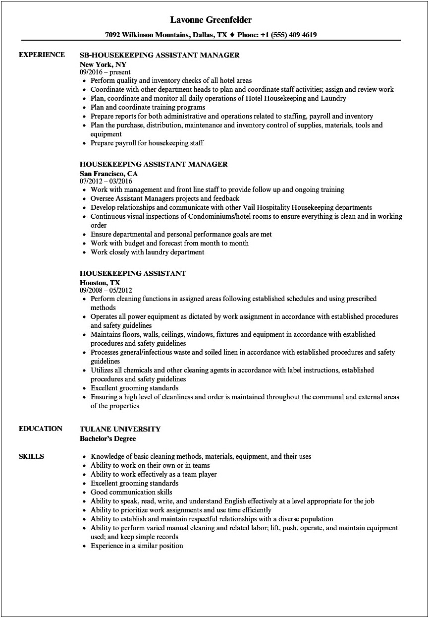 Sample Resume For Housekeeping Without Experience