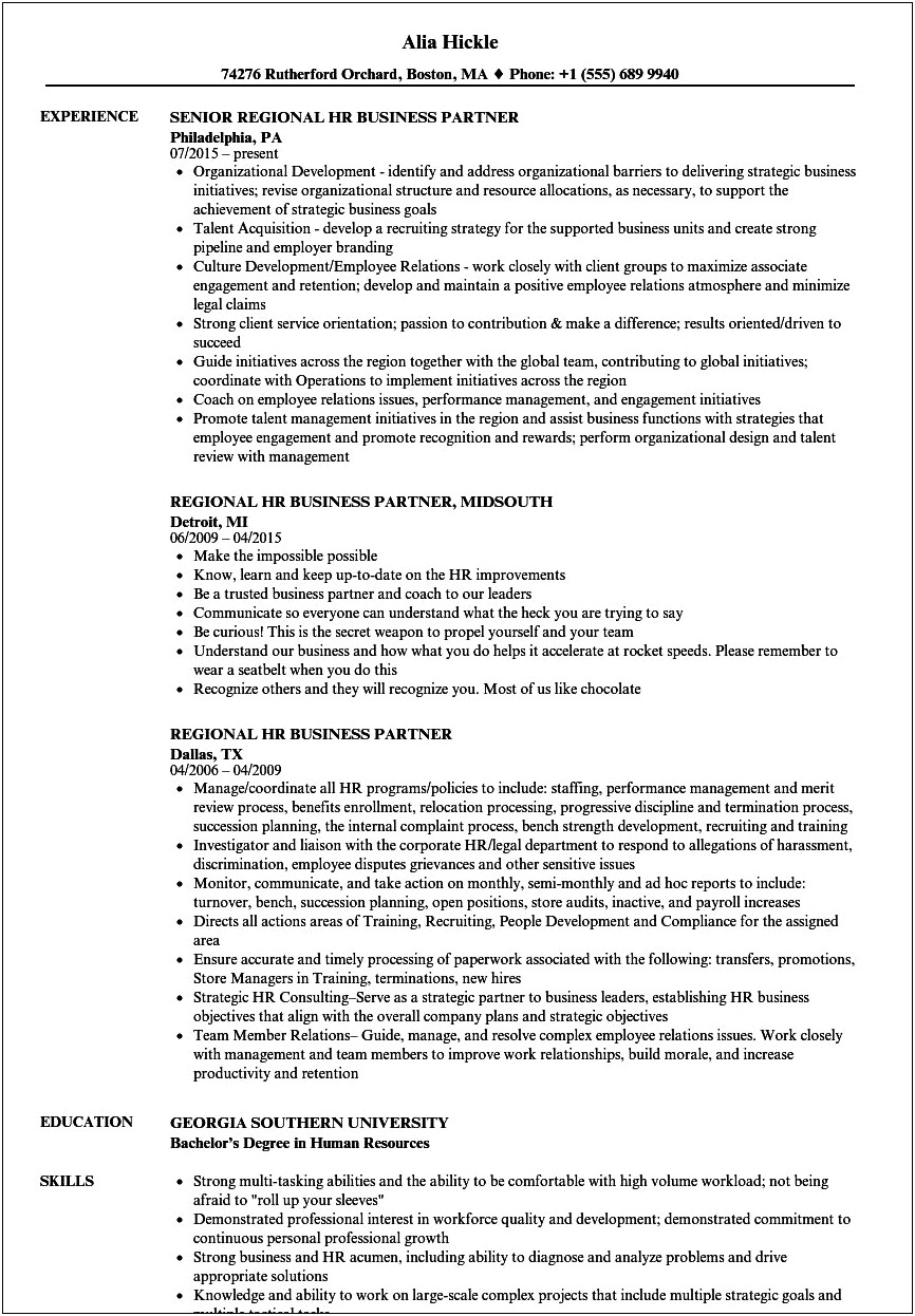 Sample Resume For Hr Business Partner
