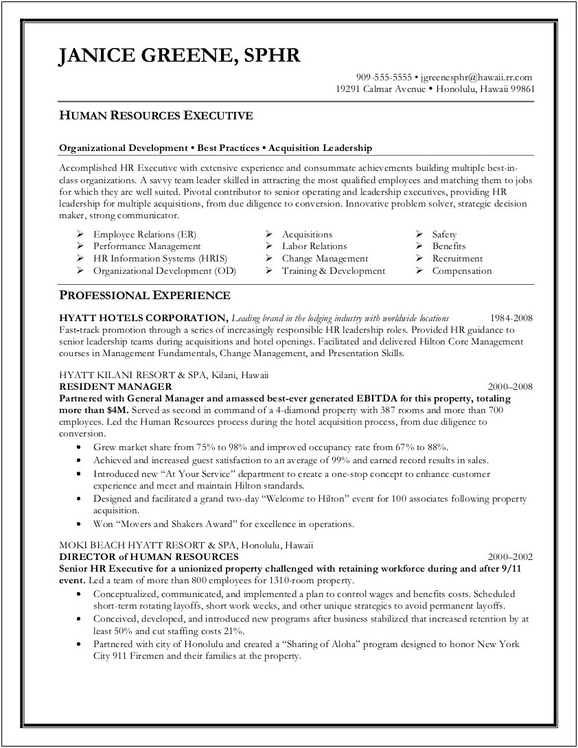 Sample Resume For Hr Executive Position