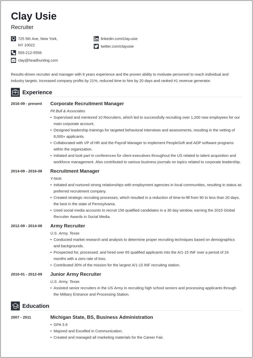 Sample Resume For Hr Recruiter Position Fresher