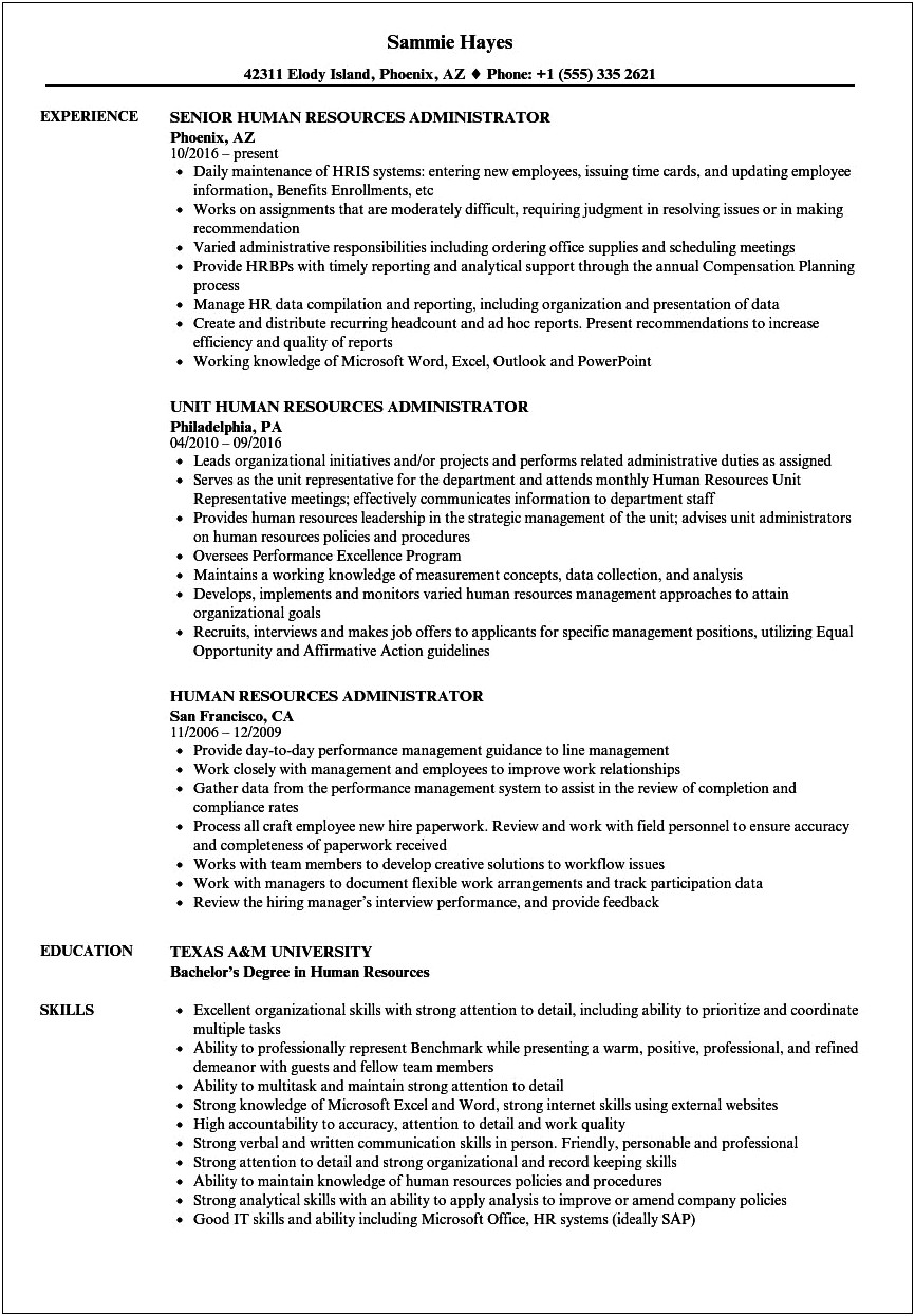 Sample Resume For Human Resources Administrator