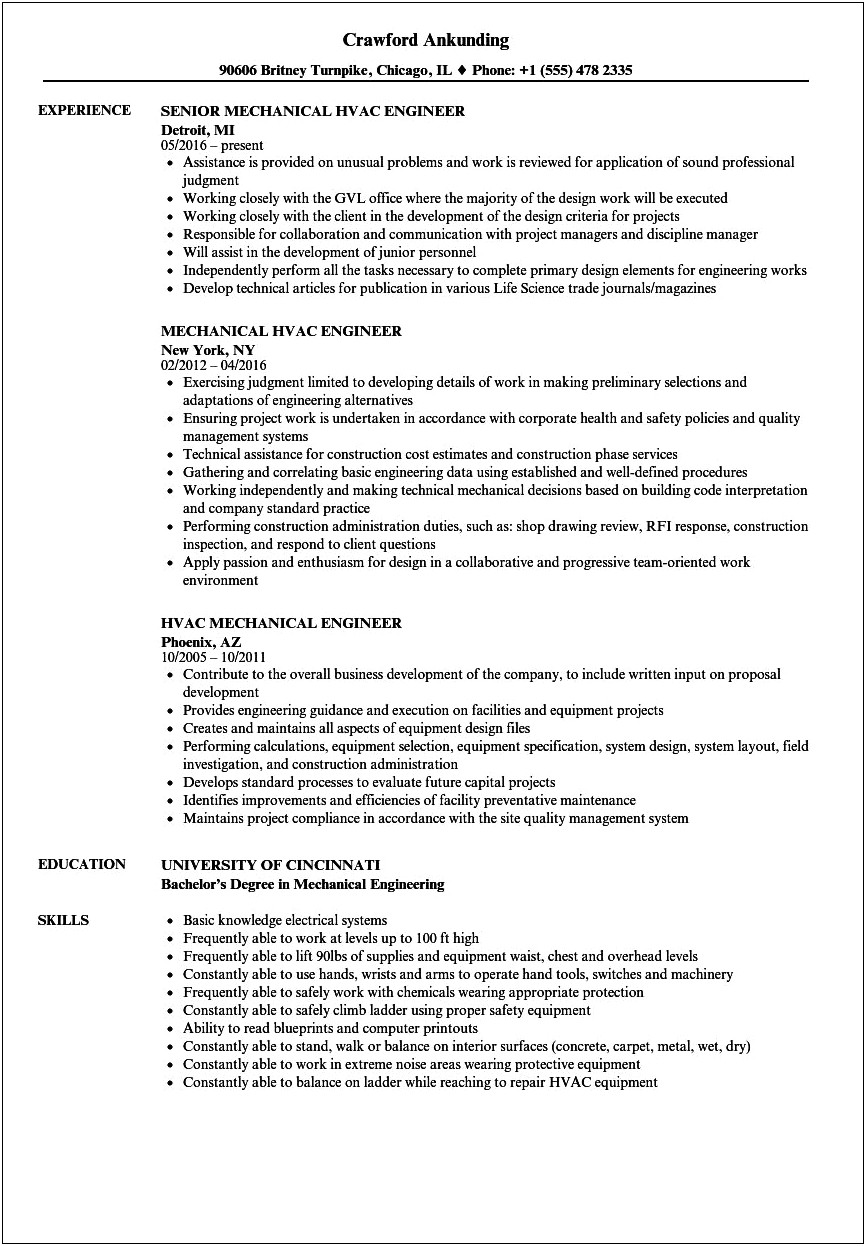 Sample Resume For Hvac Mechanical Design Engineer