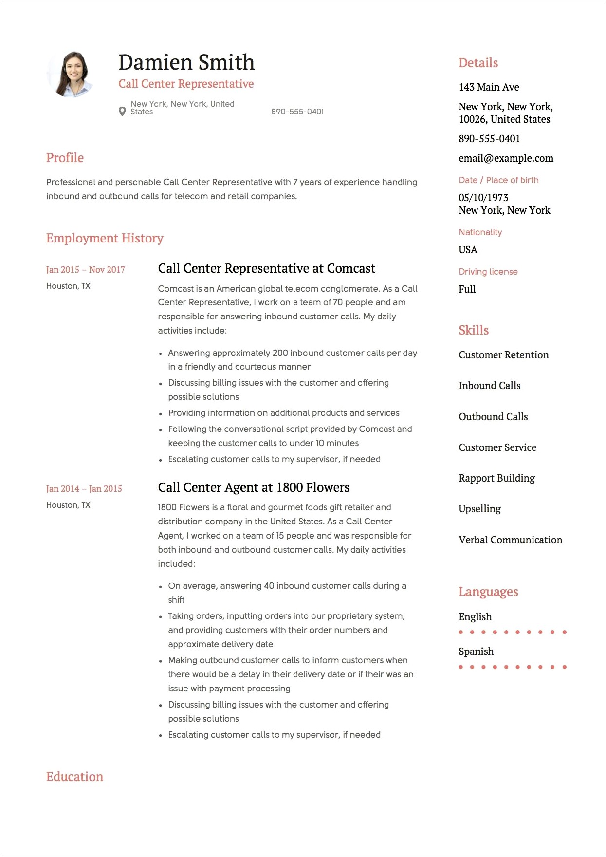 Sample Resume For Inbound Customer Service Representative