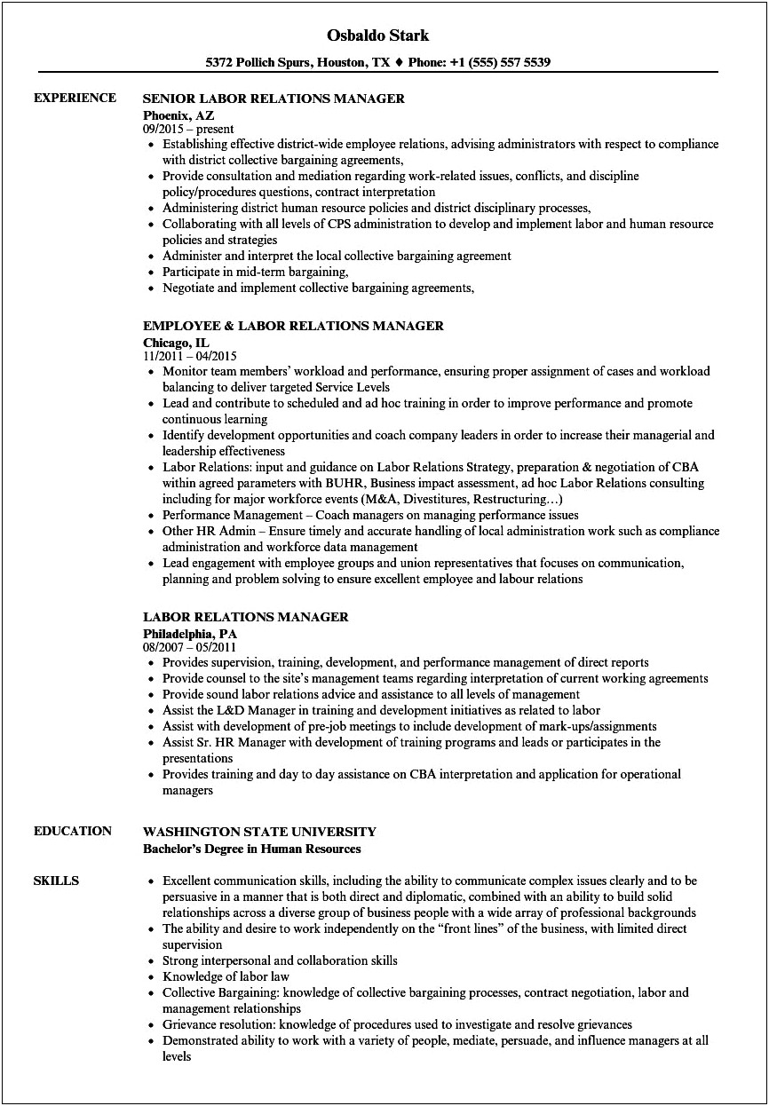 Sample Resume For Industrial Relations Manager