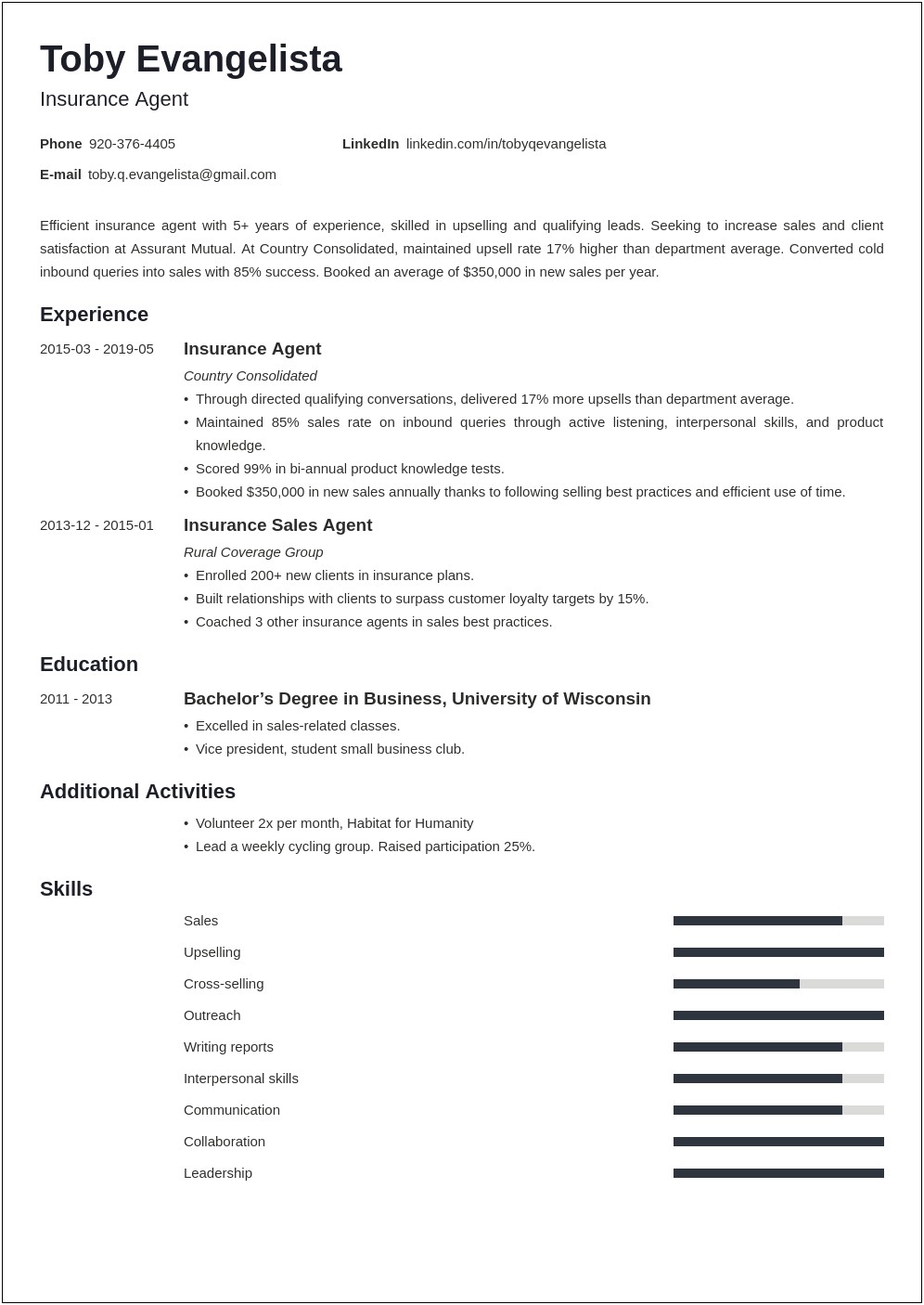 Sample Resume For Insurance Customer Service Rep
