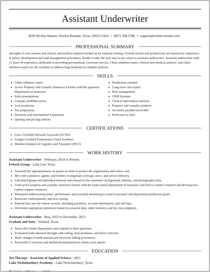 Sample Resume For Insurance Underwriter Assistant