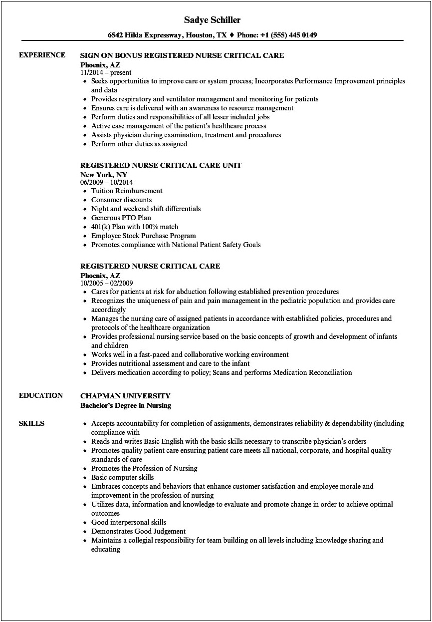 Sample Resume For Intensive Care Nurse