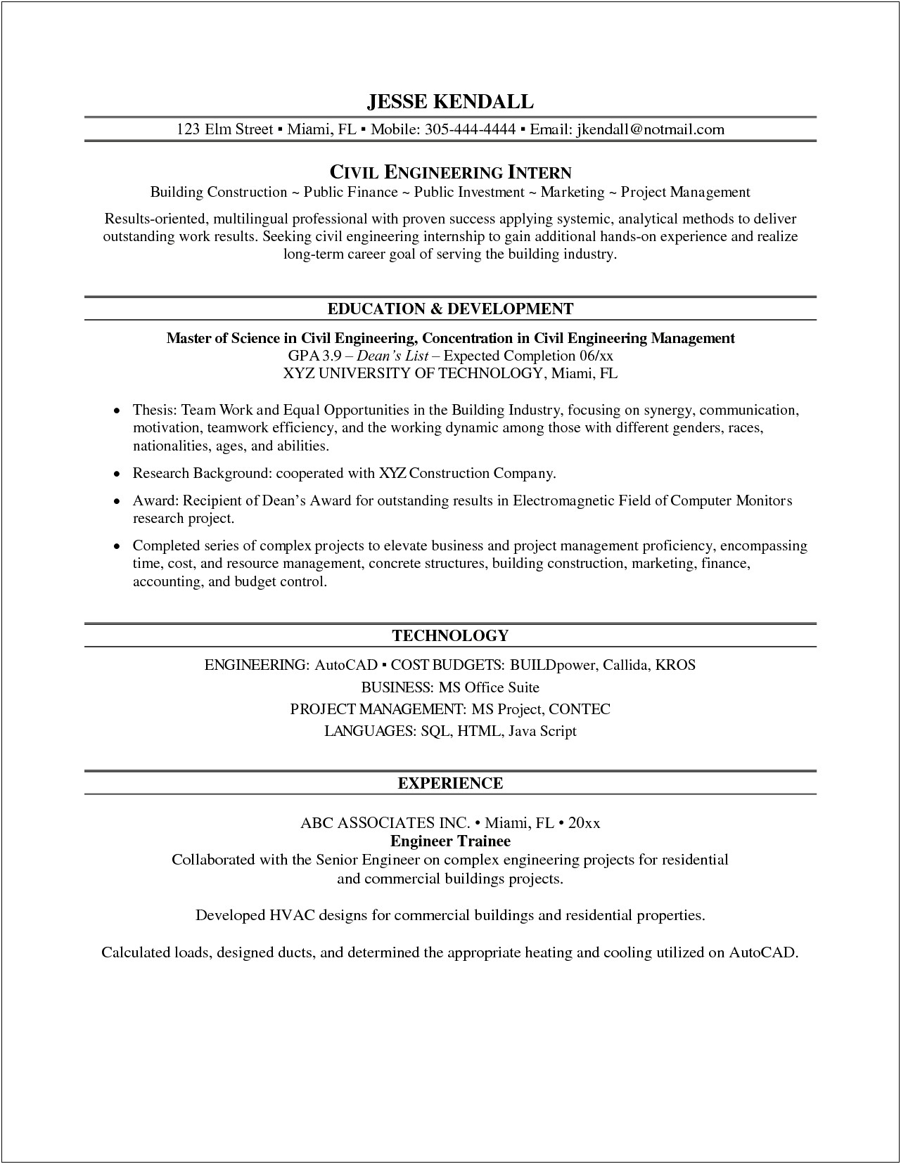 Sample Resume For Internship In Civil Engineering