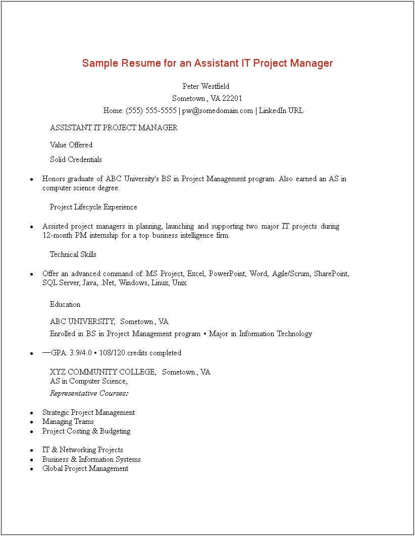 Sample Resume For Internship In Information Technology