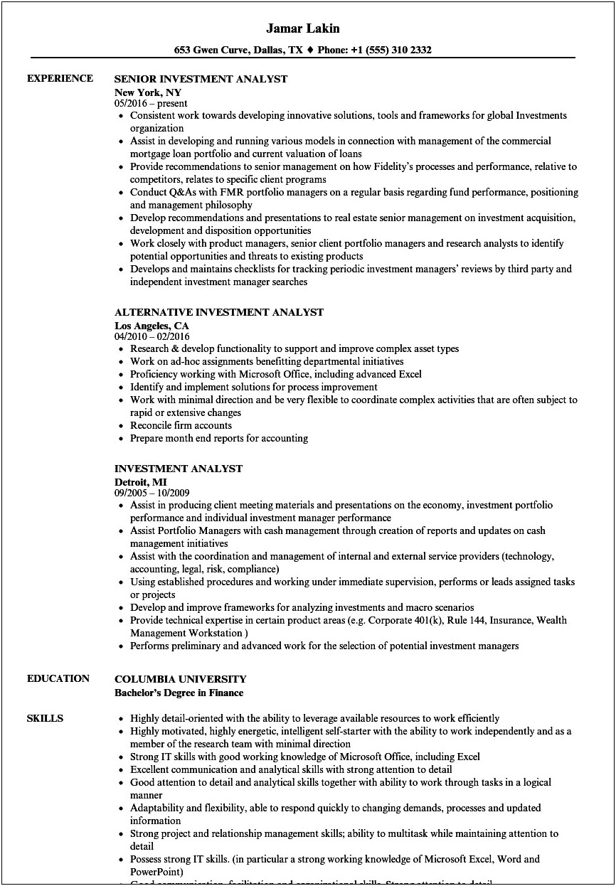 Sample Resume For Investment Banking Analyst