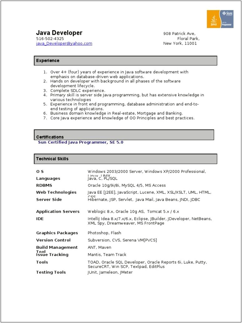 Sample Resume For Java Developer Fresher Pdf
