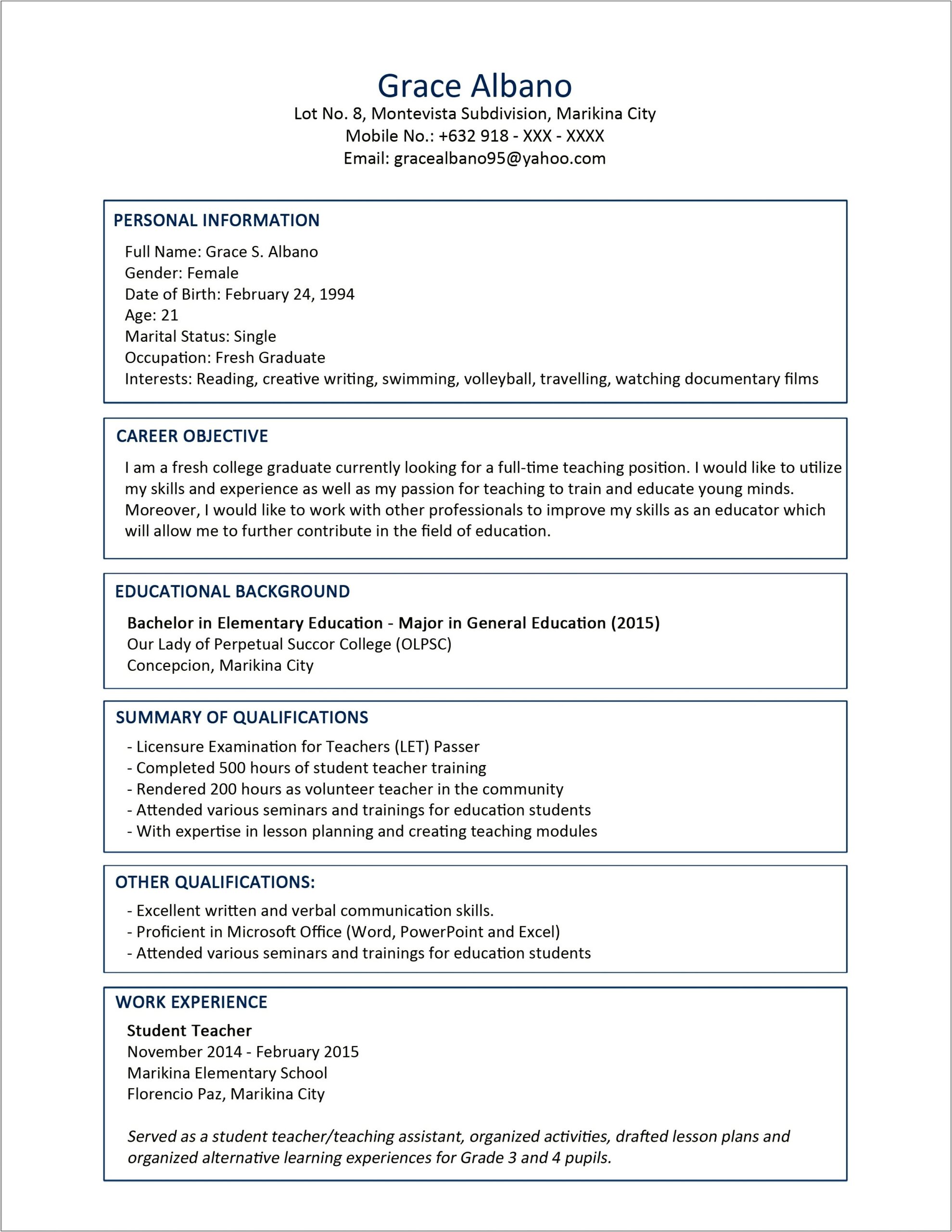 Sample Resume For Job Application For Fresh Graduate