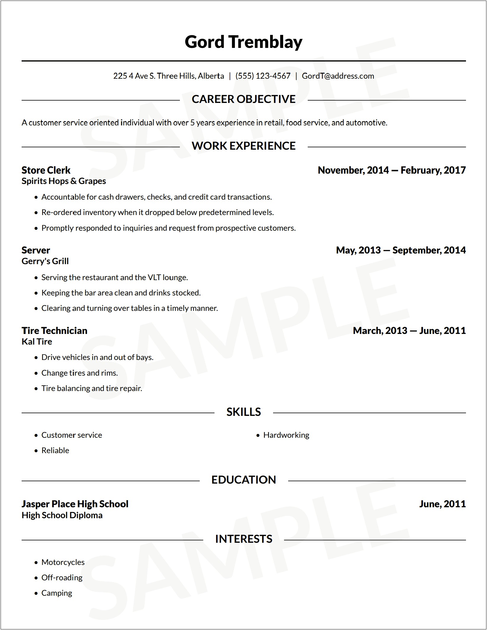 Sample Resume For Job Application In Canada