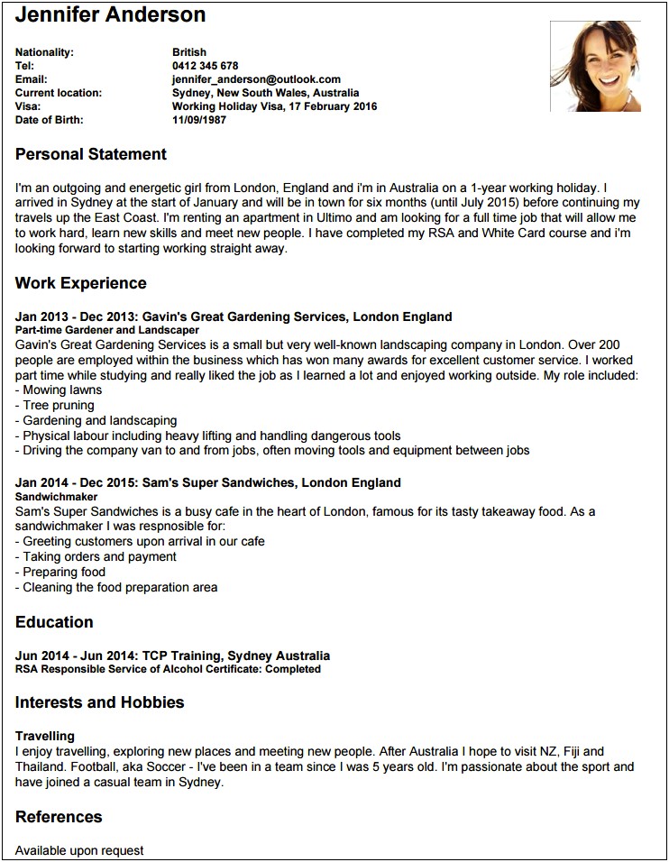 Sample Resume For Job In Australia