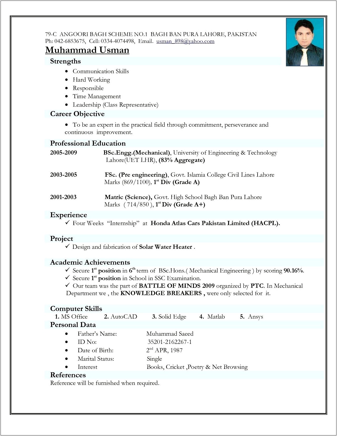 Sample Resume For Jobs In India
