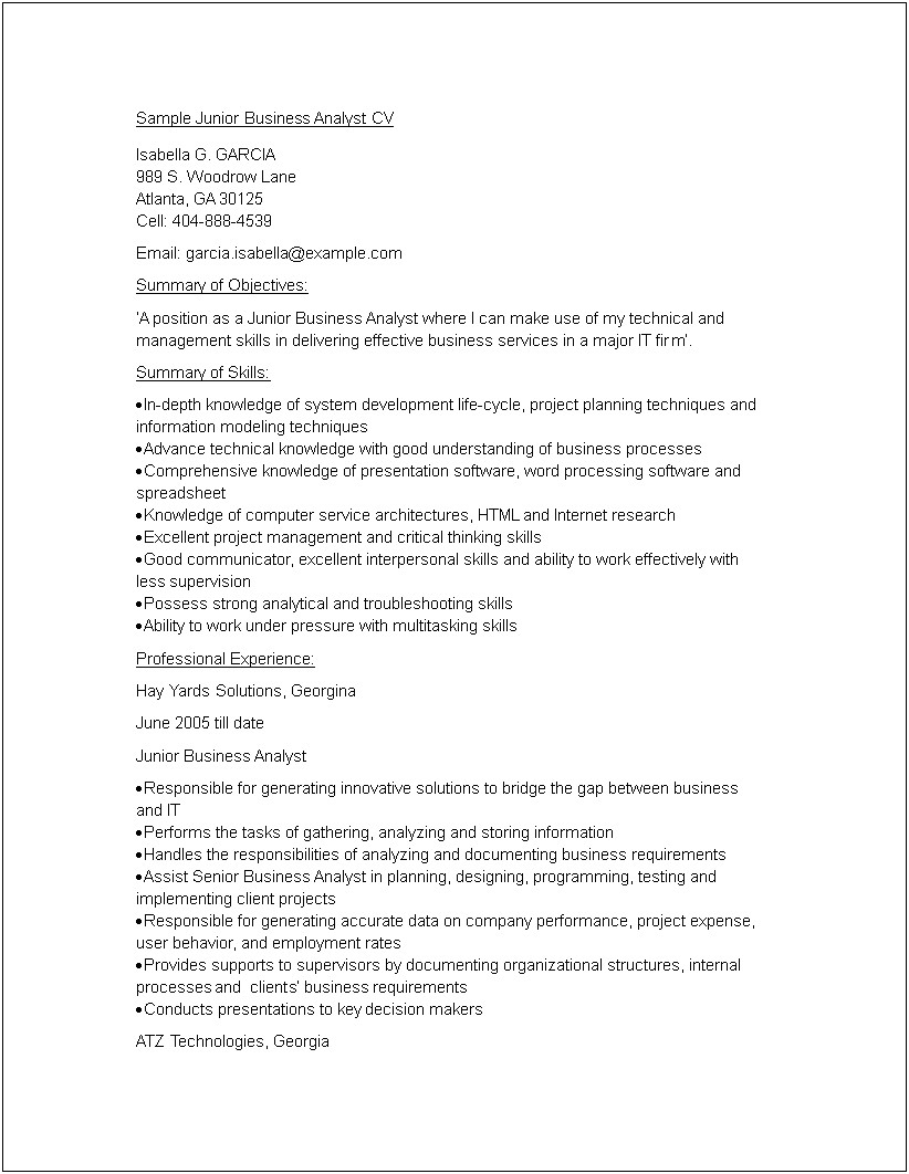 Sample Resume For Junior Business Analyst Position