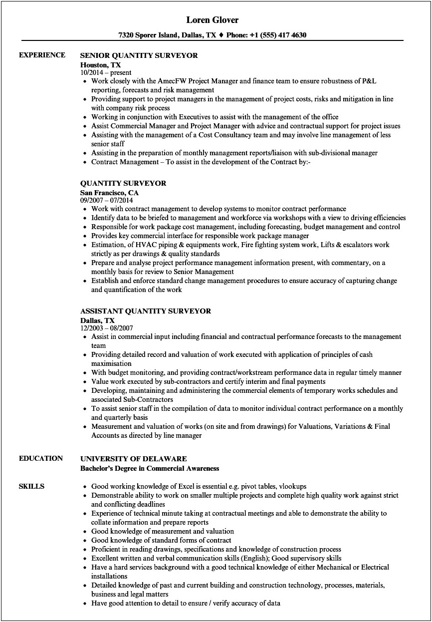 Sample Resume For Junior Quantity Surveyor