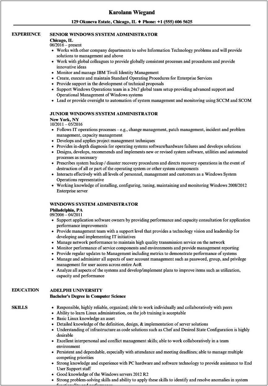 Sample Resume For Junior System Administrator