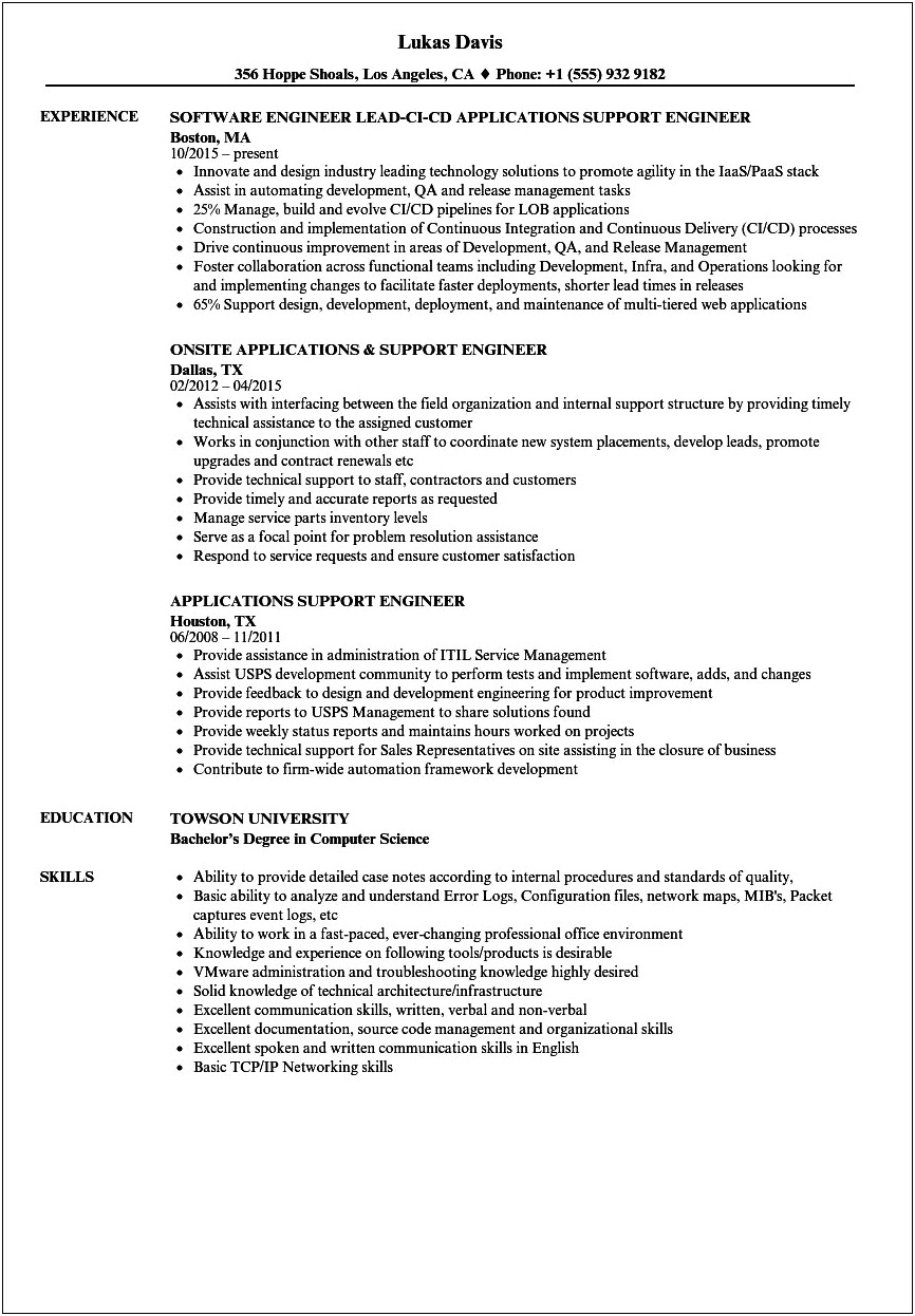Sample Resume For L2 Support Engineer