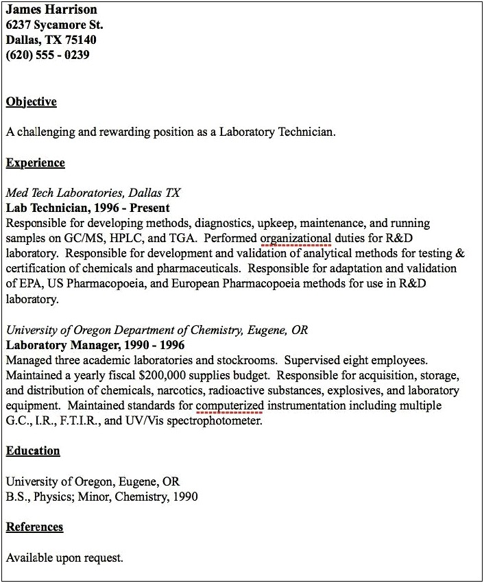 Sample Resume For Lab Manager Position