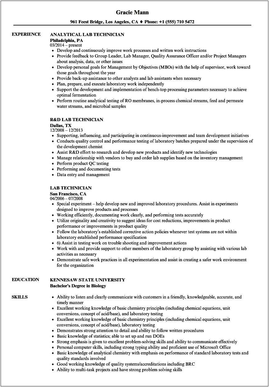 Sample Resume For Lab Technician Entry Level