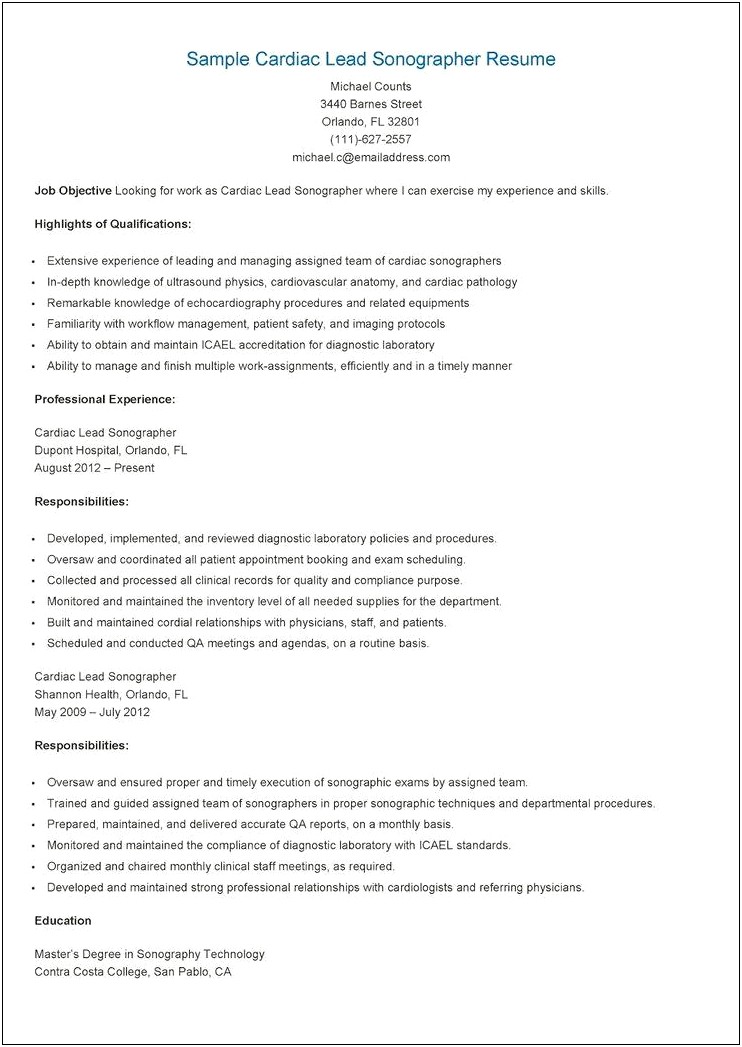 Sample Resume For Lead Therapist Position
