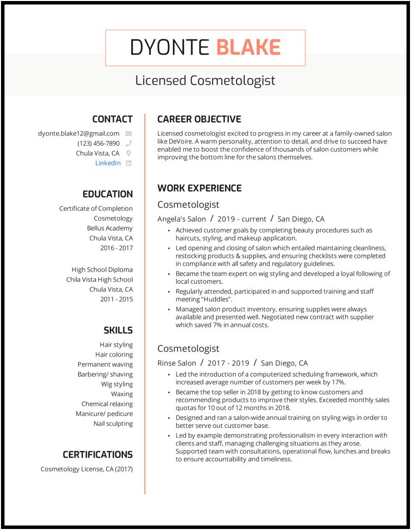 Sample Resume For Licensed Cosmetologist No Experience