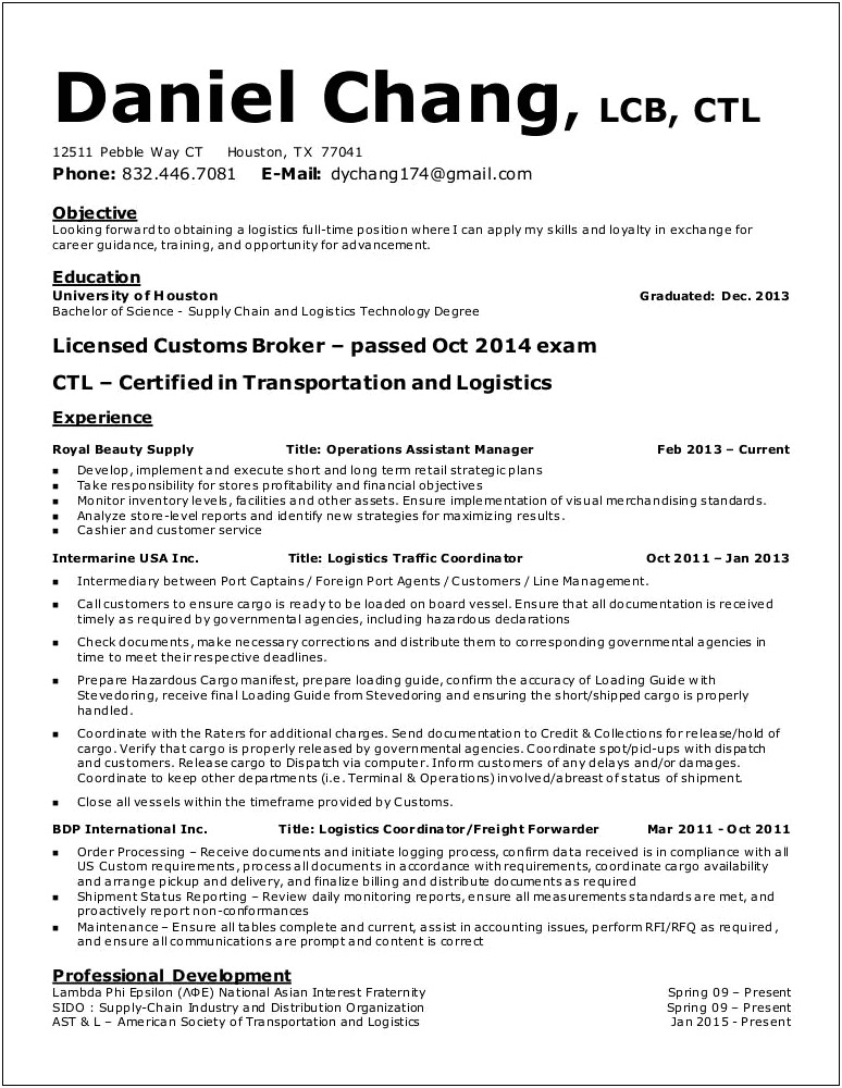 Sample Resume For Licensed Customs Broker