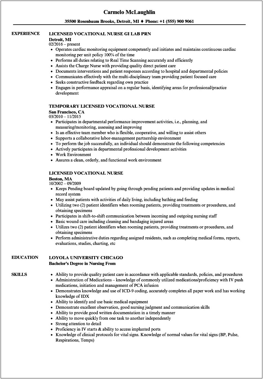 Sample Resume For Licensed Vocational Nurse