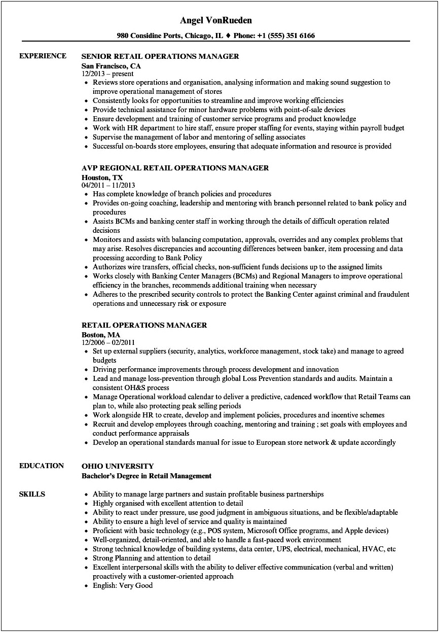 Sample Resume For Manager In Retail