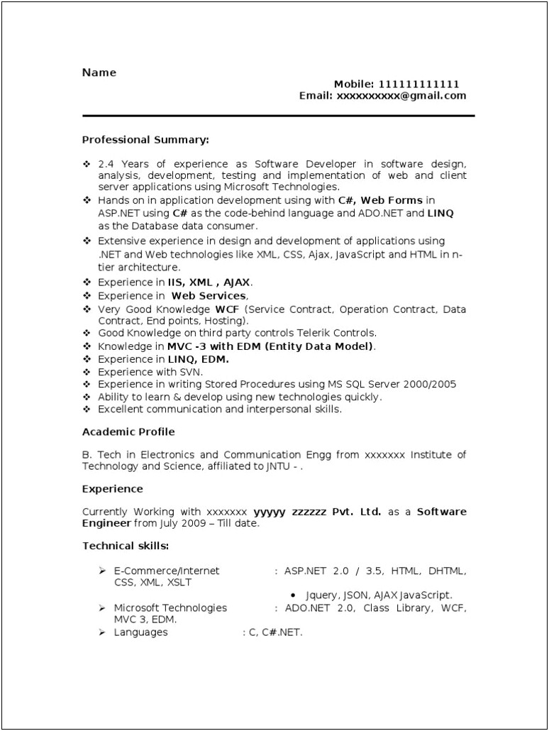 Sample Resume For Manual Testing Profile