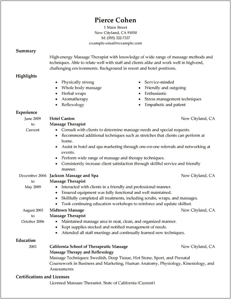 Sample Resume For Massage Therapist Position