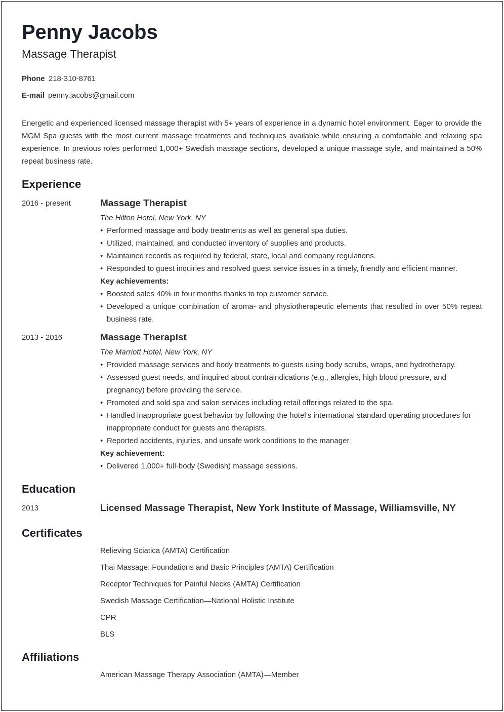 Sample Resume For Massage Therapist With No Experience