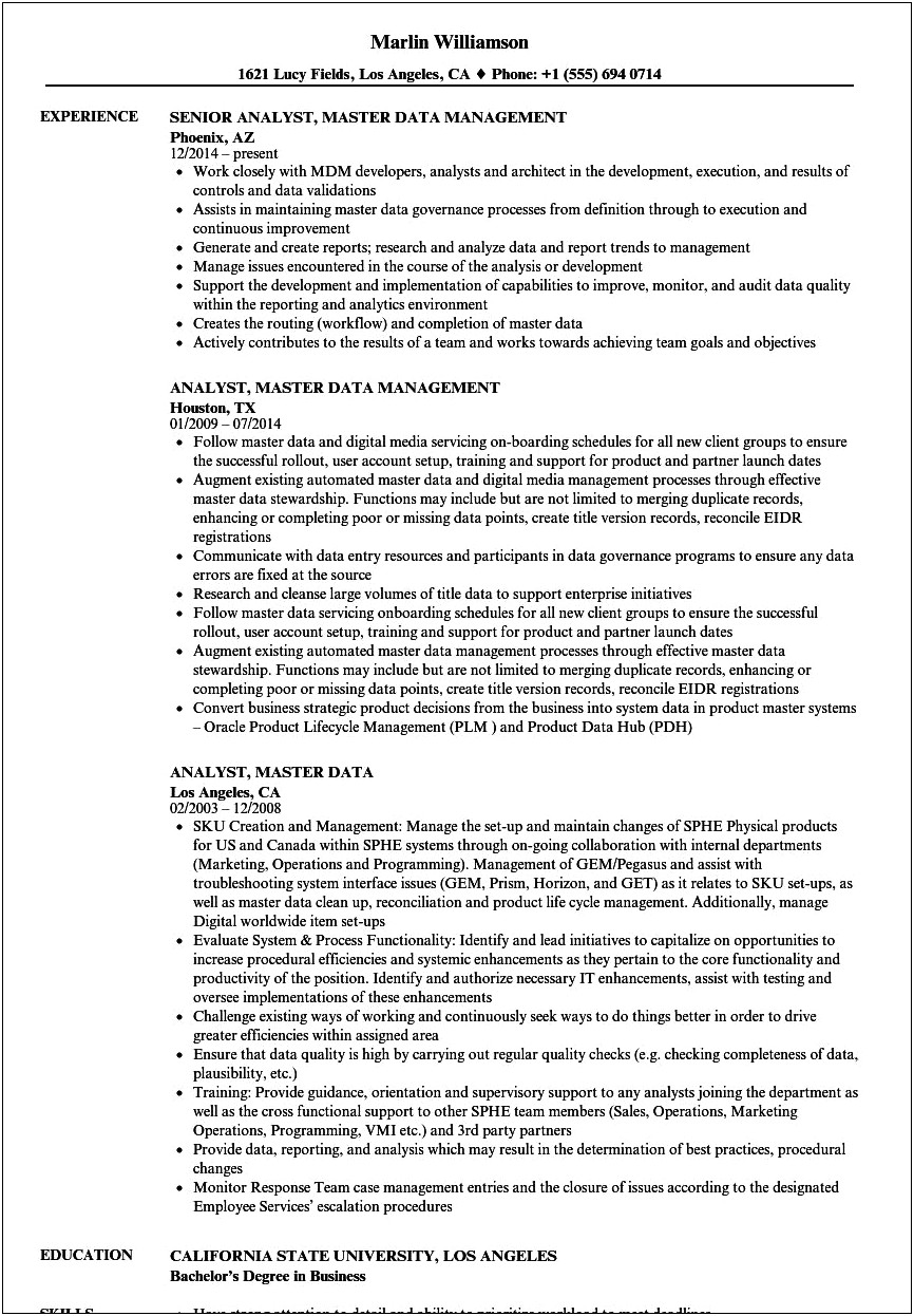 Sample Resume For Master Data Management