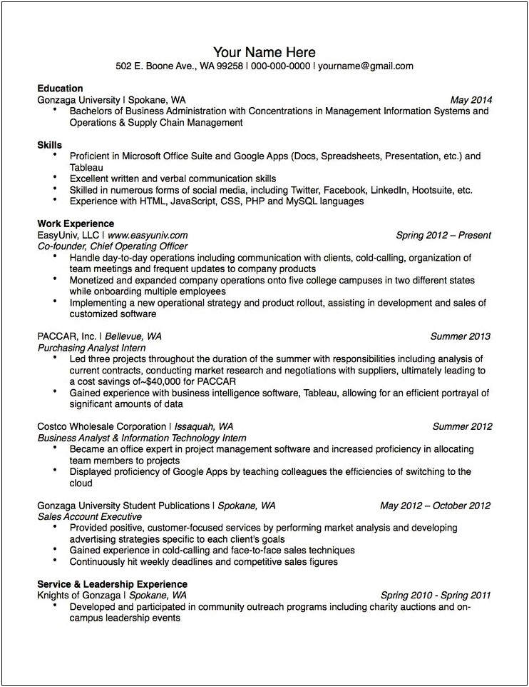 Sample Resume For Masters In Information Systems Student