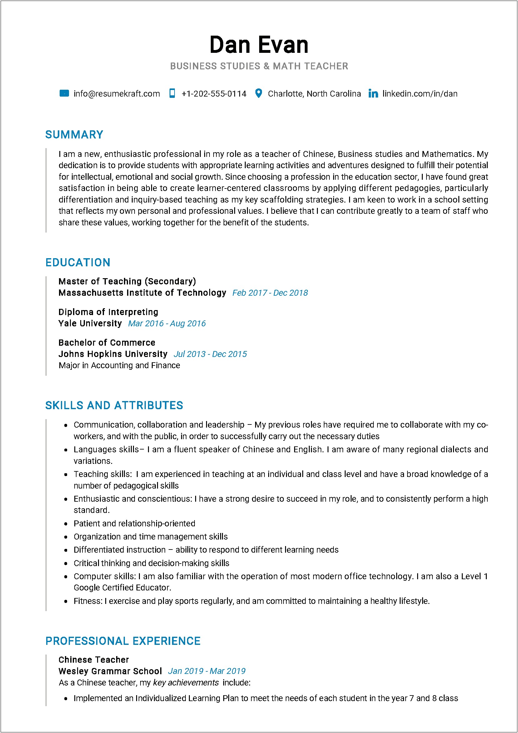Sample Resume For Math Teaching Position