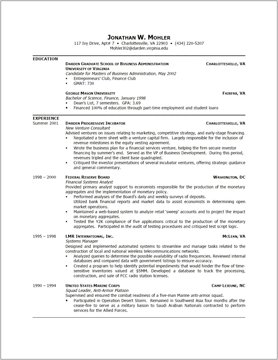Sample Resume For Mba College Admission