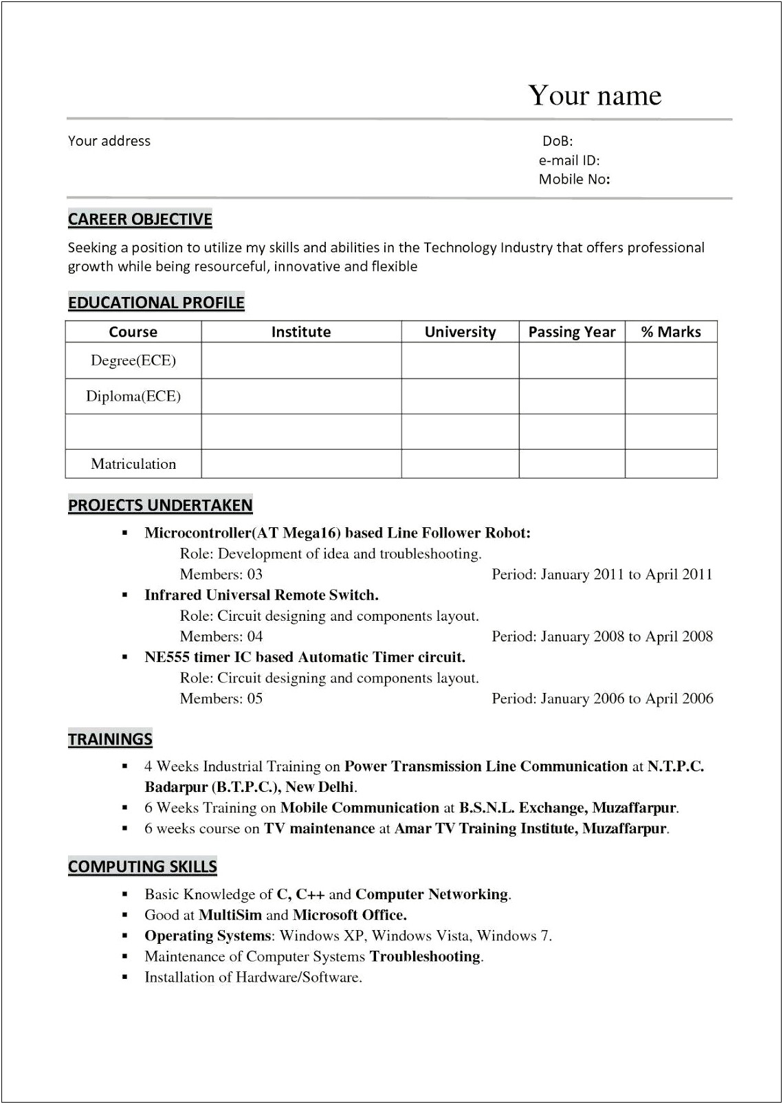 Sample Resume For Mechanical Engineer Fresh Graduate Pdf